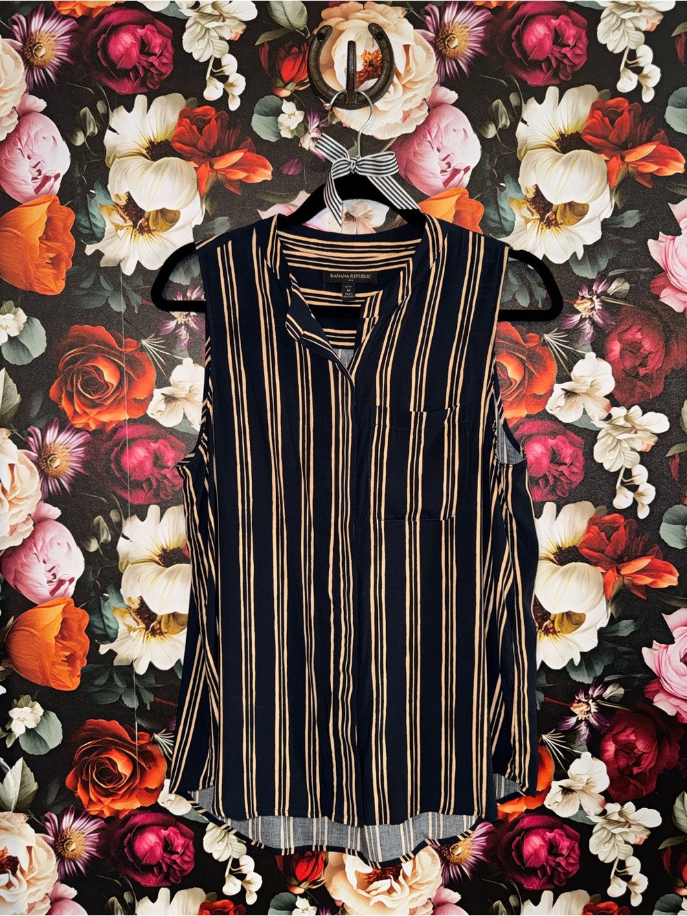 Banana Republic Navy Sleeveless Striped Blouse with Peach Stripes, Petite M